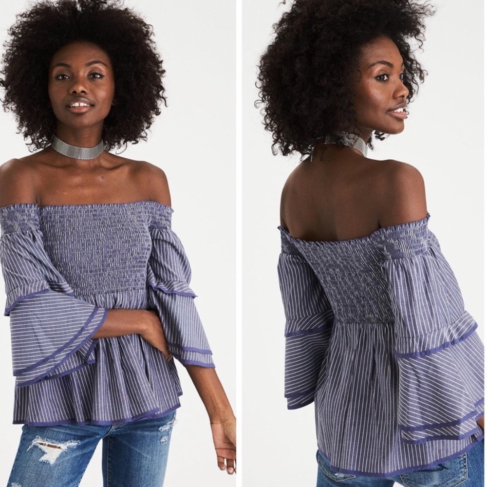 American Eagle Outfitters Smocked Bell Sleeve Top Blue Size Small